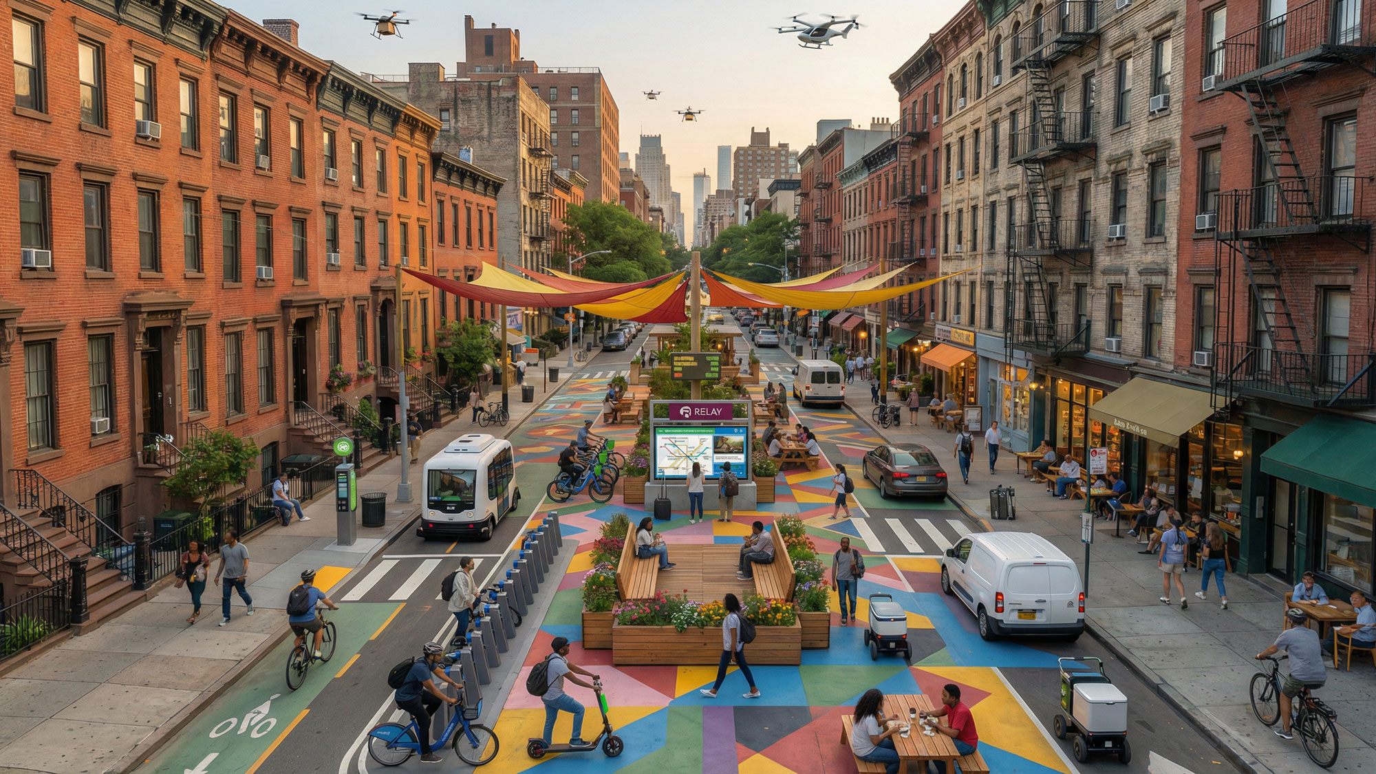 A busy street with people and cars.