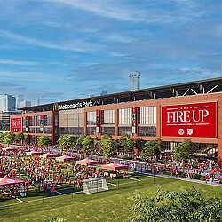 A large building with a large sign.