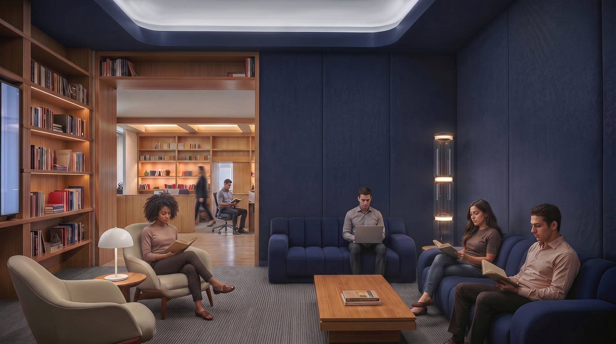 A group of people sitting in a room.