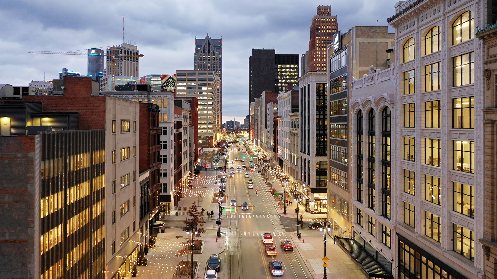 A city street with tall buildings.