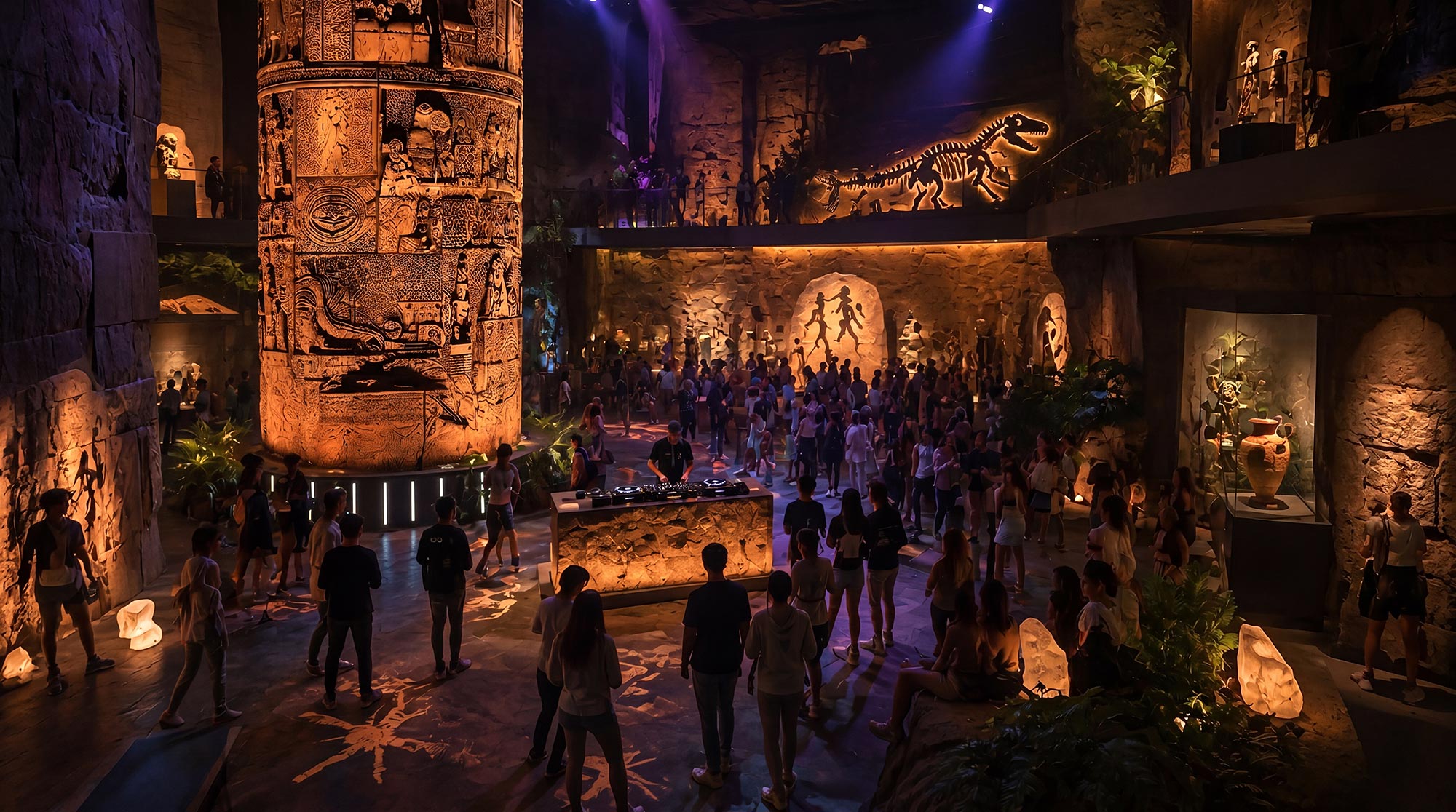 A group of people walking through a building with a large mural.