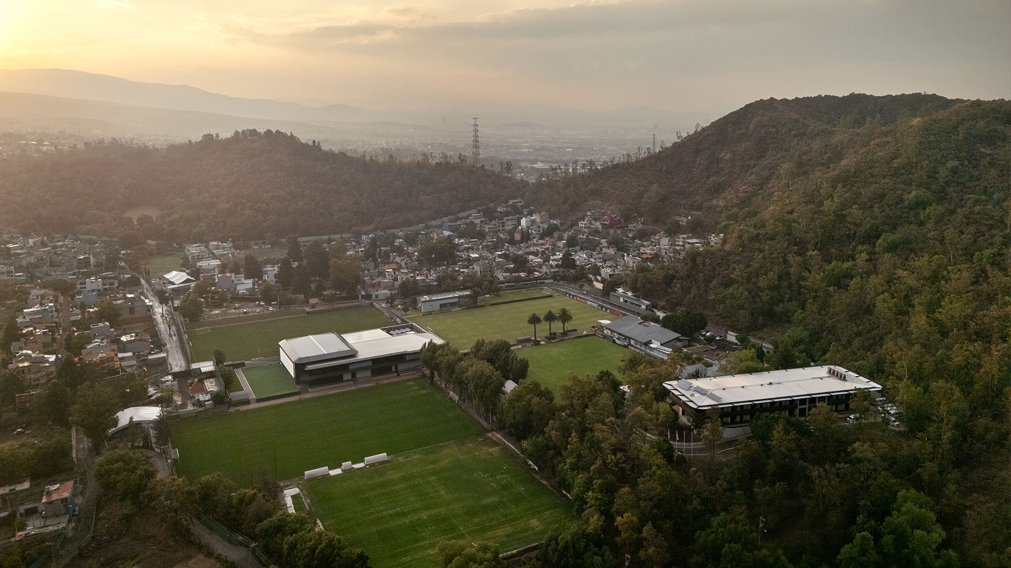 A landscape with buildings and trees.