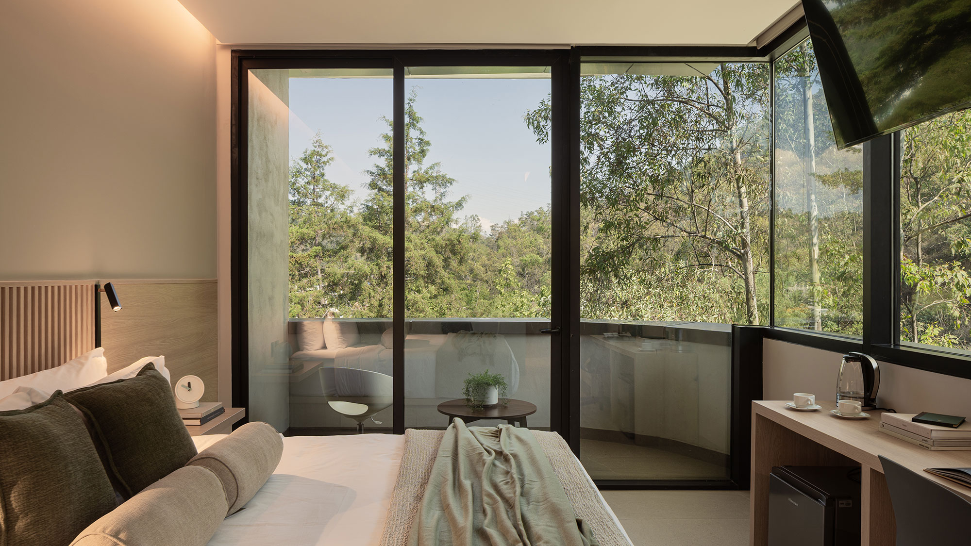 A room with a large window.