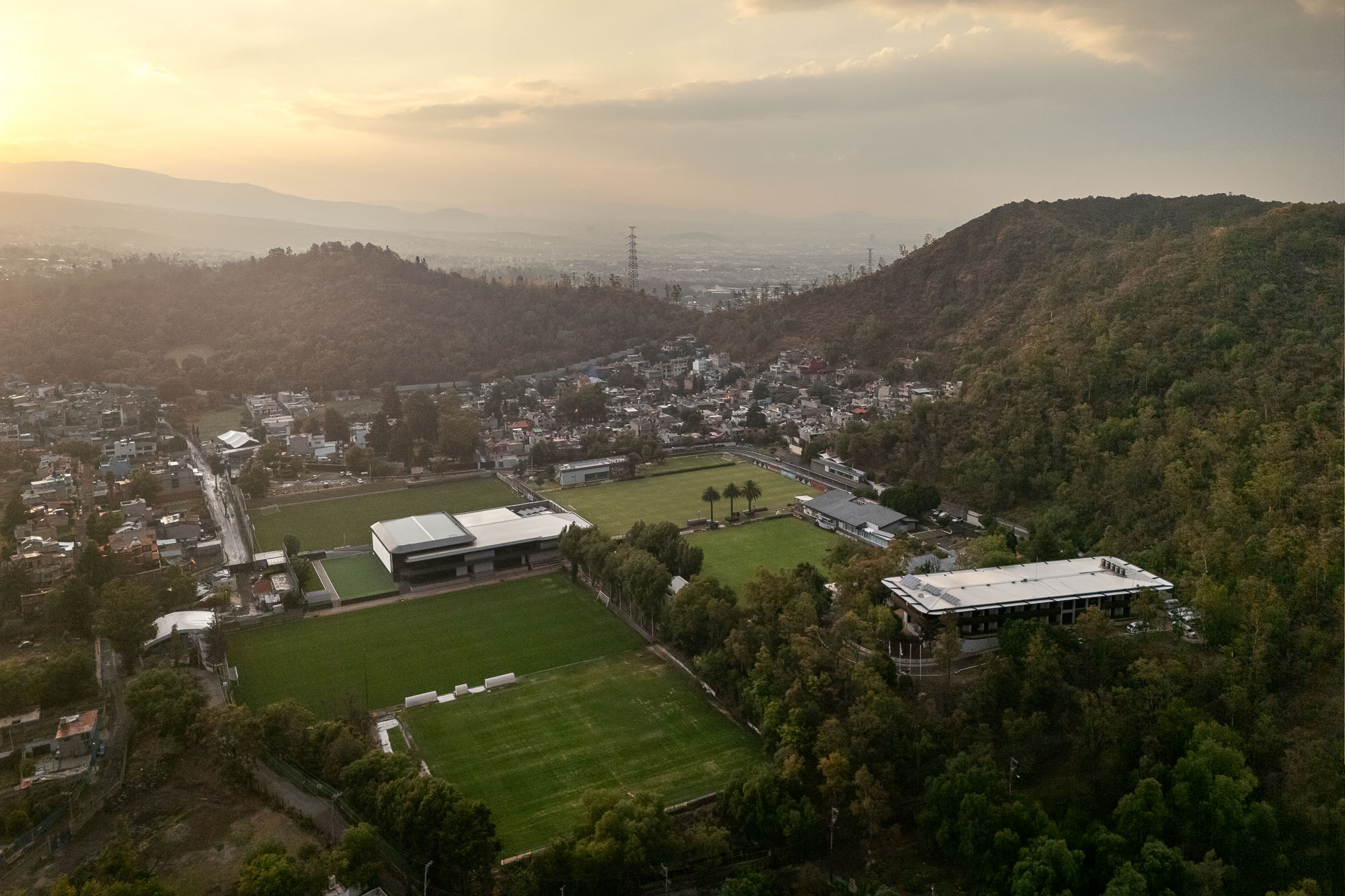 A landscape with buildings and trees.