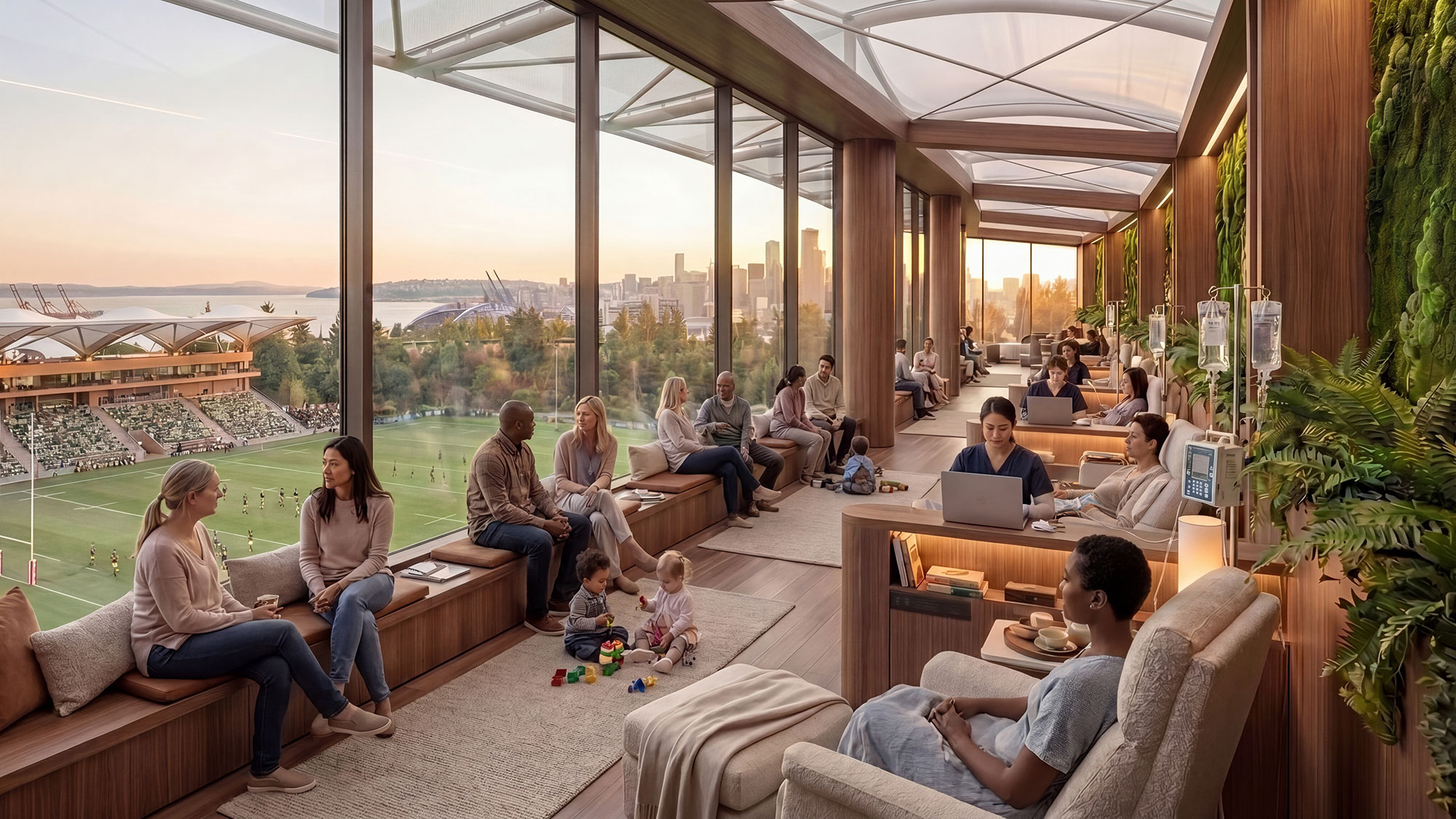 A group of people sitting on a couch in a room with windows.