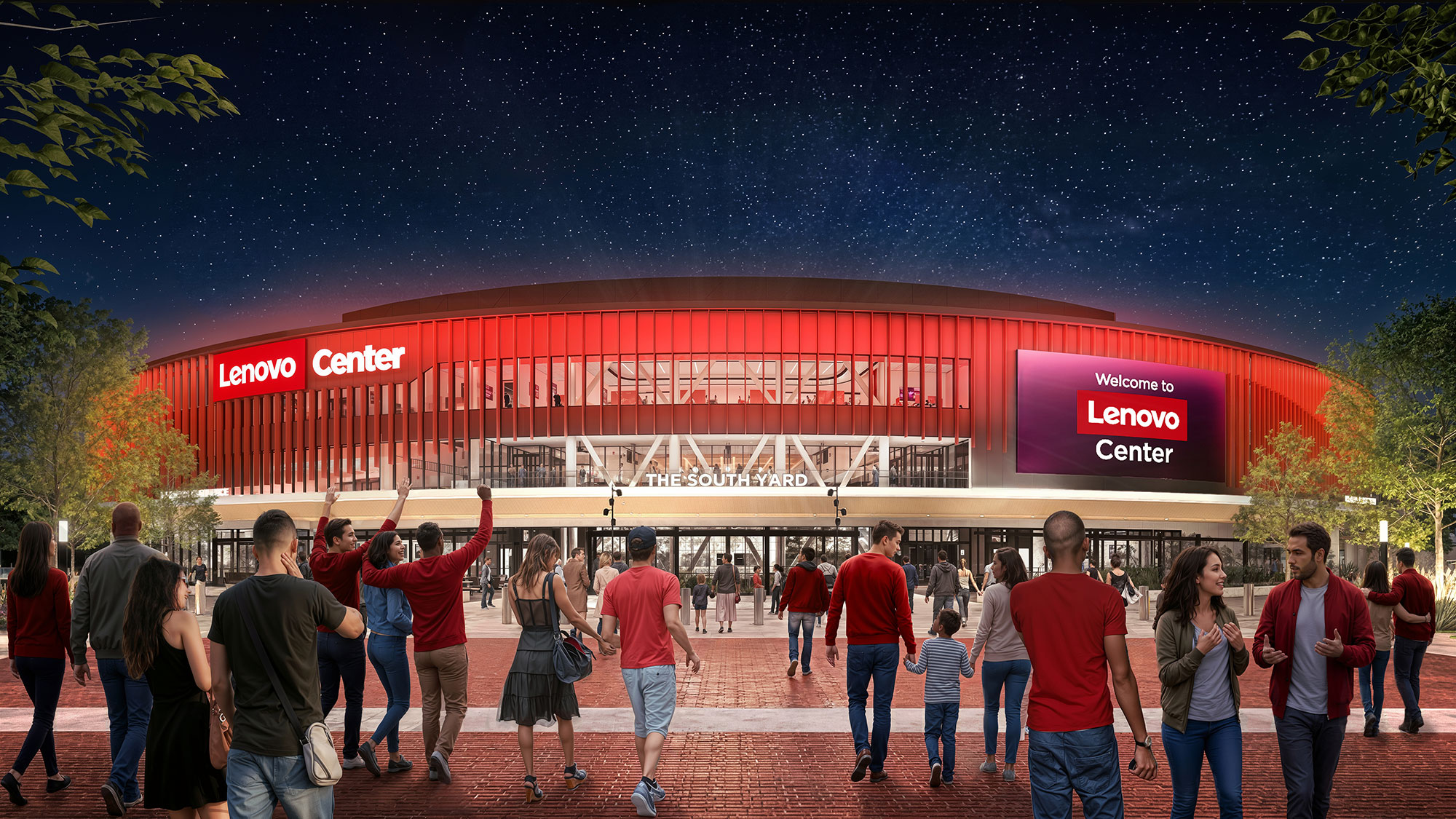 A group of people walking in front of a stadium.
