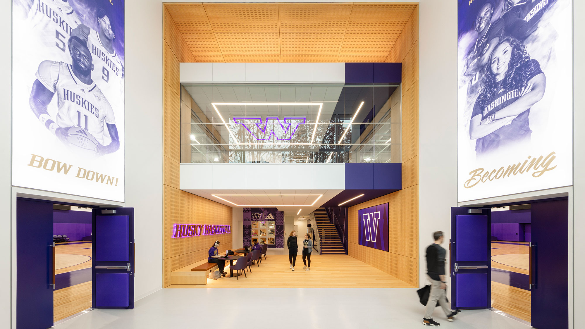 A group of people in a building.