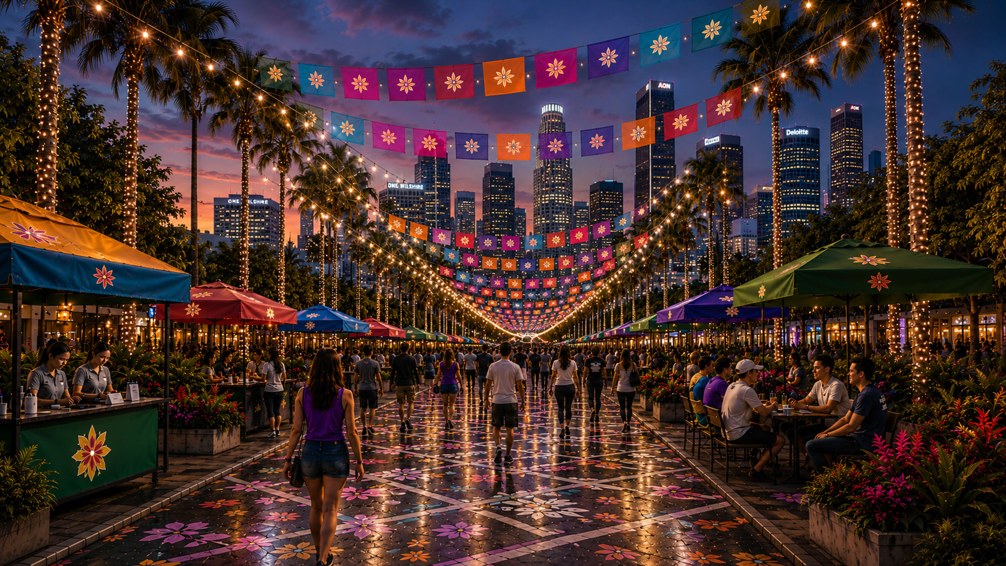 People walking on a walkway with colorful lights and trees and buildings in the background.