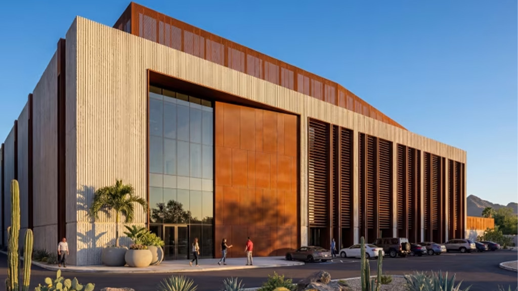 A building with a parking lot.