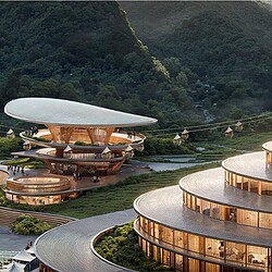 A building with a pool and a large dome with trees in the background.