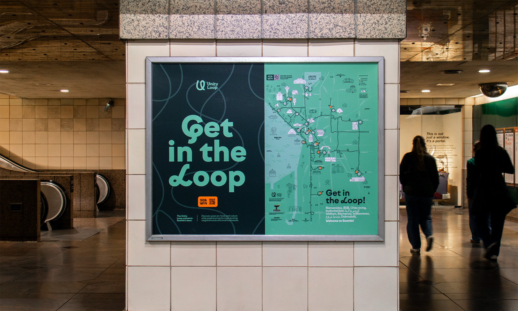 A large sign in a building.