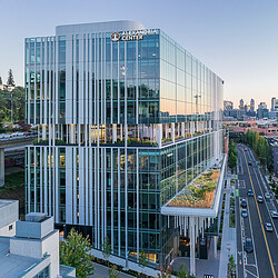 A large glass building.