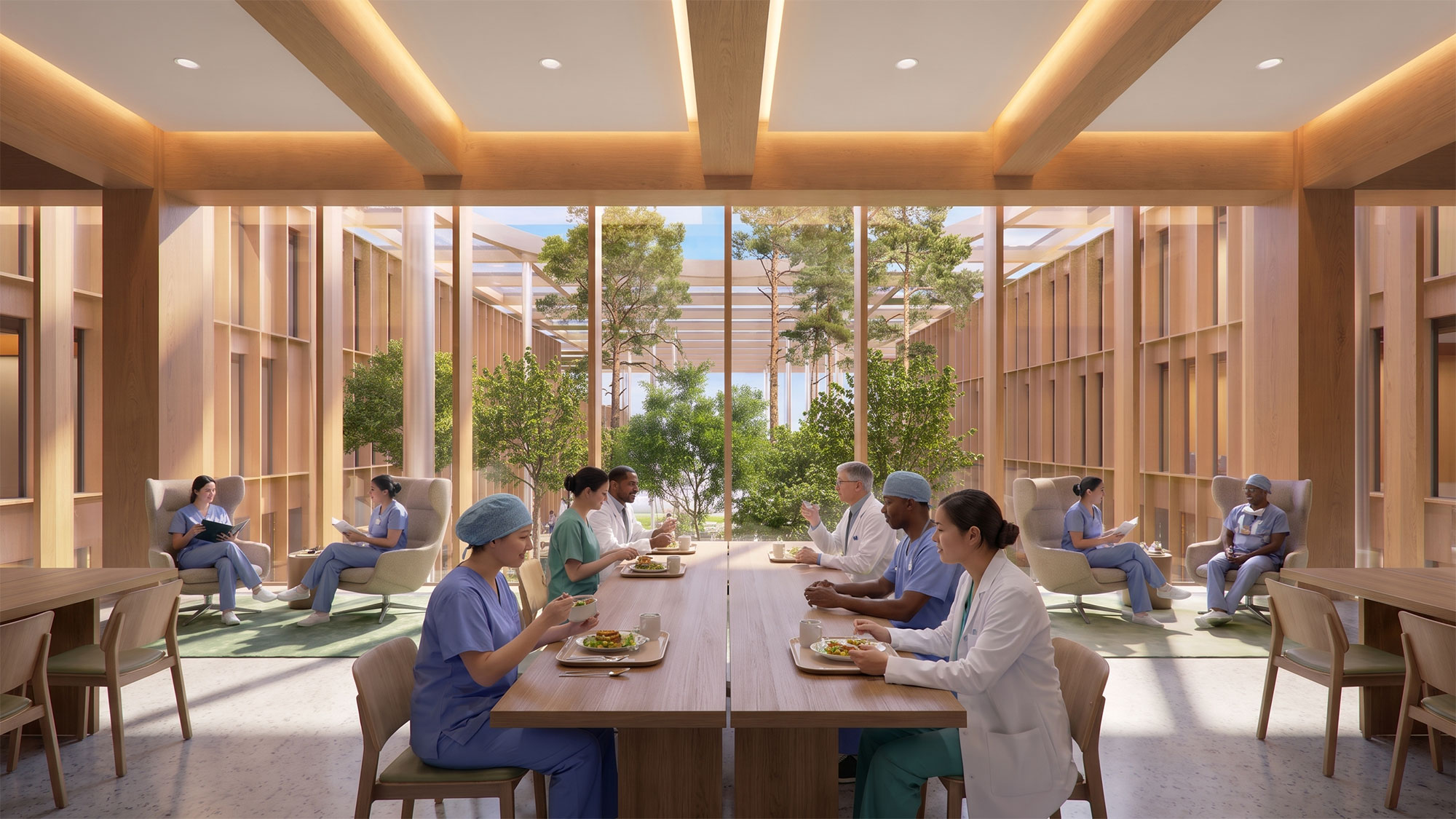 A group of people sitting around a table eating food.