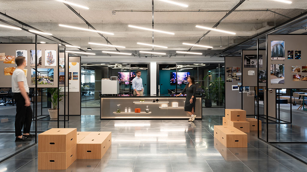 A group of people in a building.