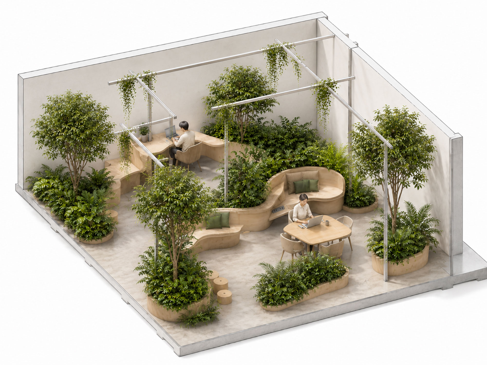 A courtyard with a few people sitting at a table and plants.