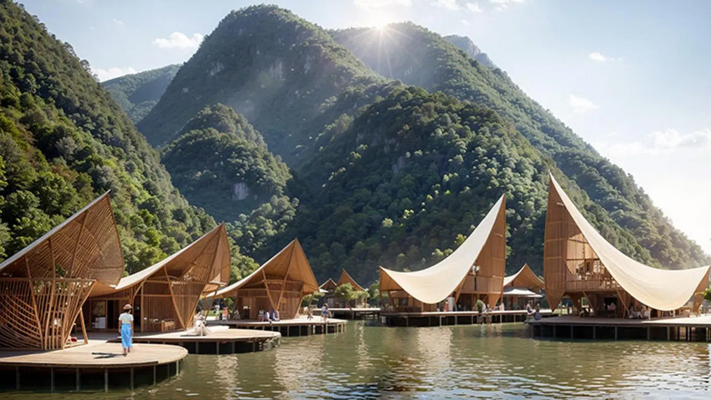 A group of buildings next to a body of water.