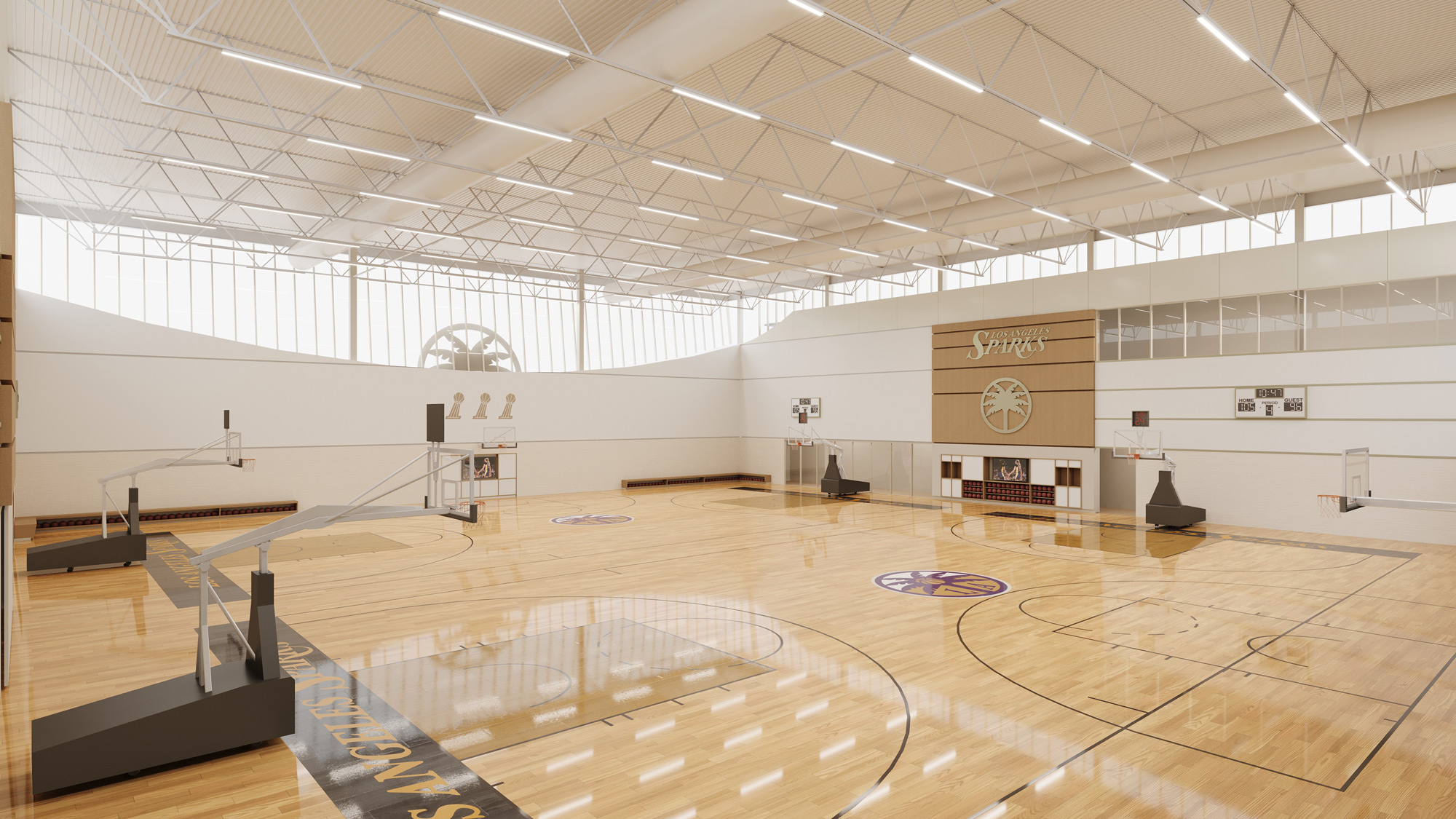 A basketball court with a basketball hoop.