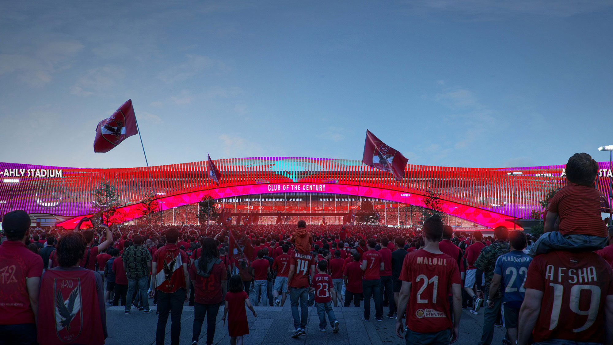 A group of people in a stadium.