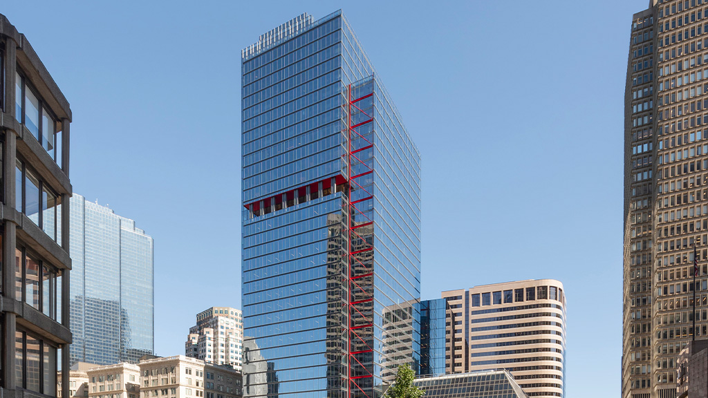 A tall building in a city.