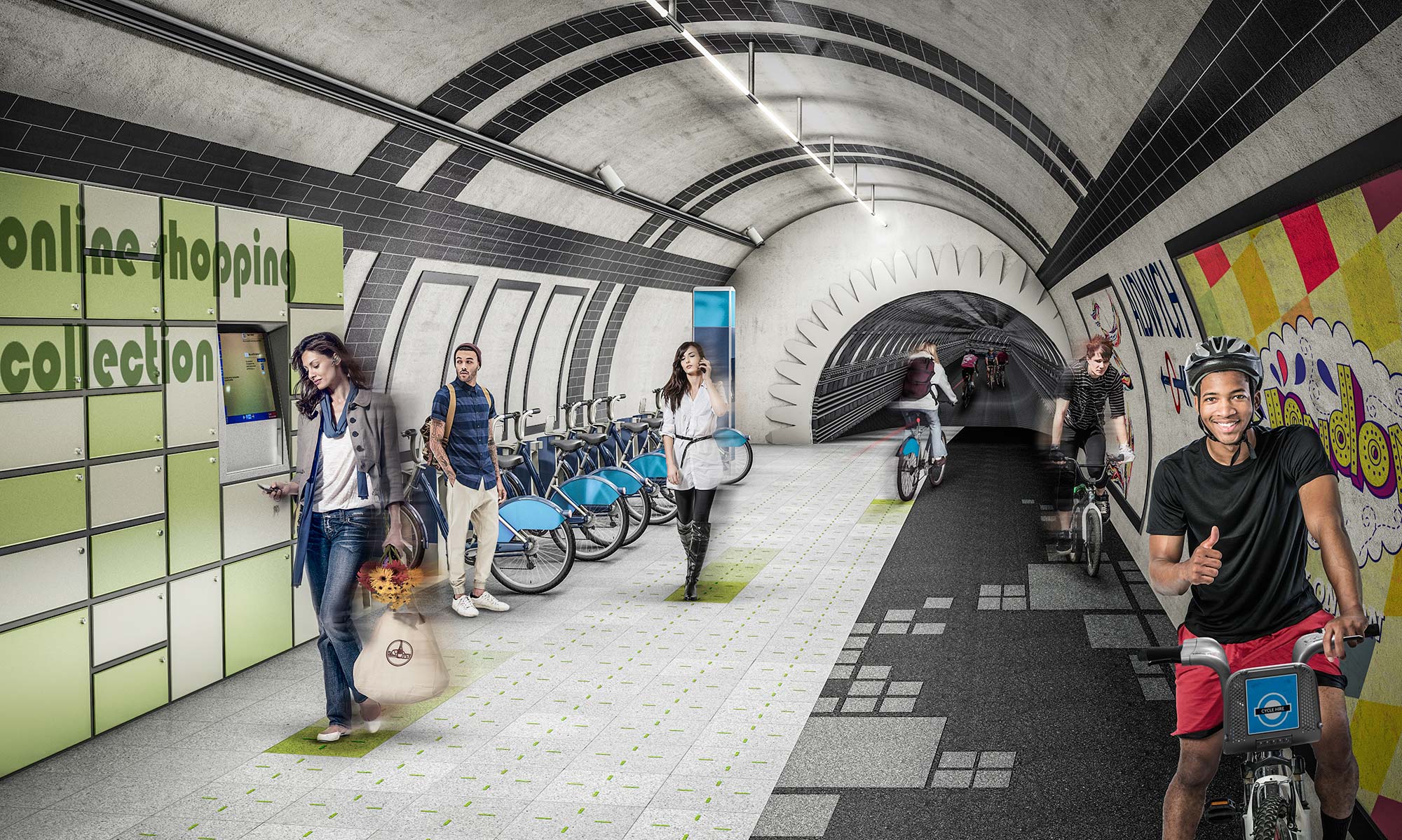 A group of people walking in a tunnel.