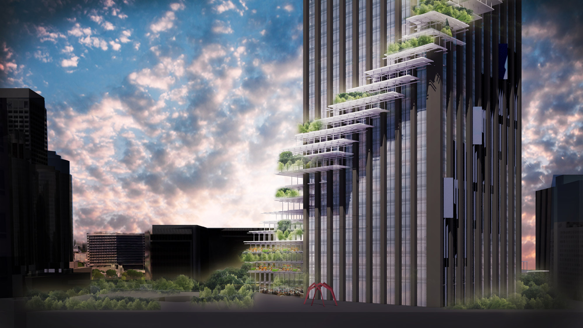 A tall building with a red chair.