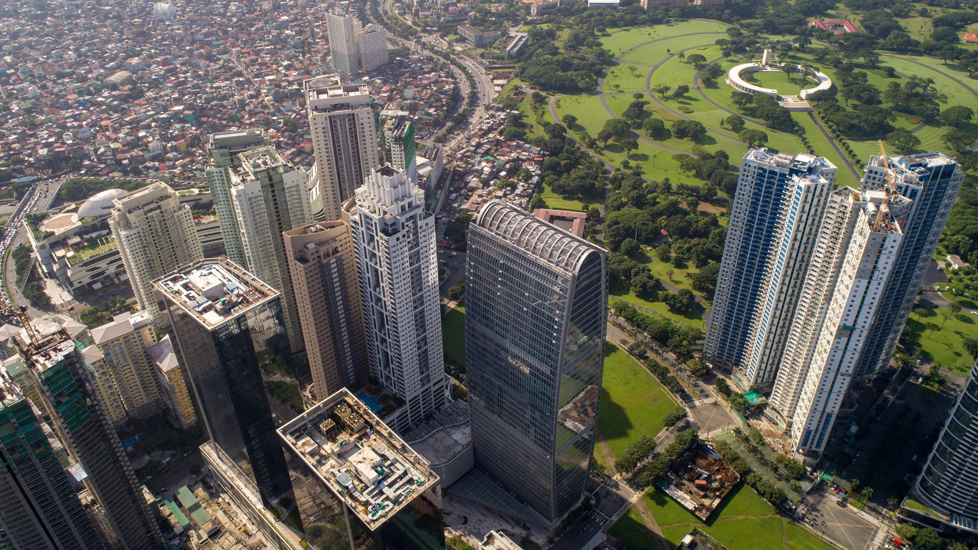 A high angle view of a city.