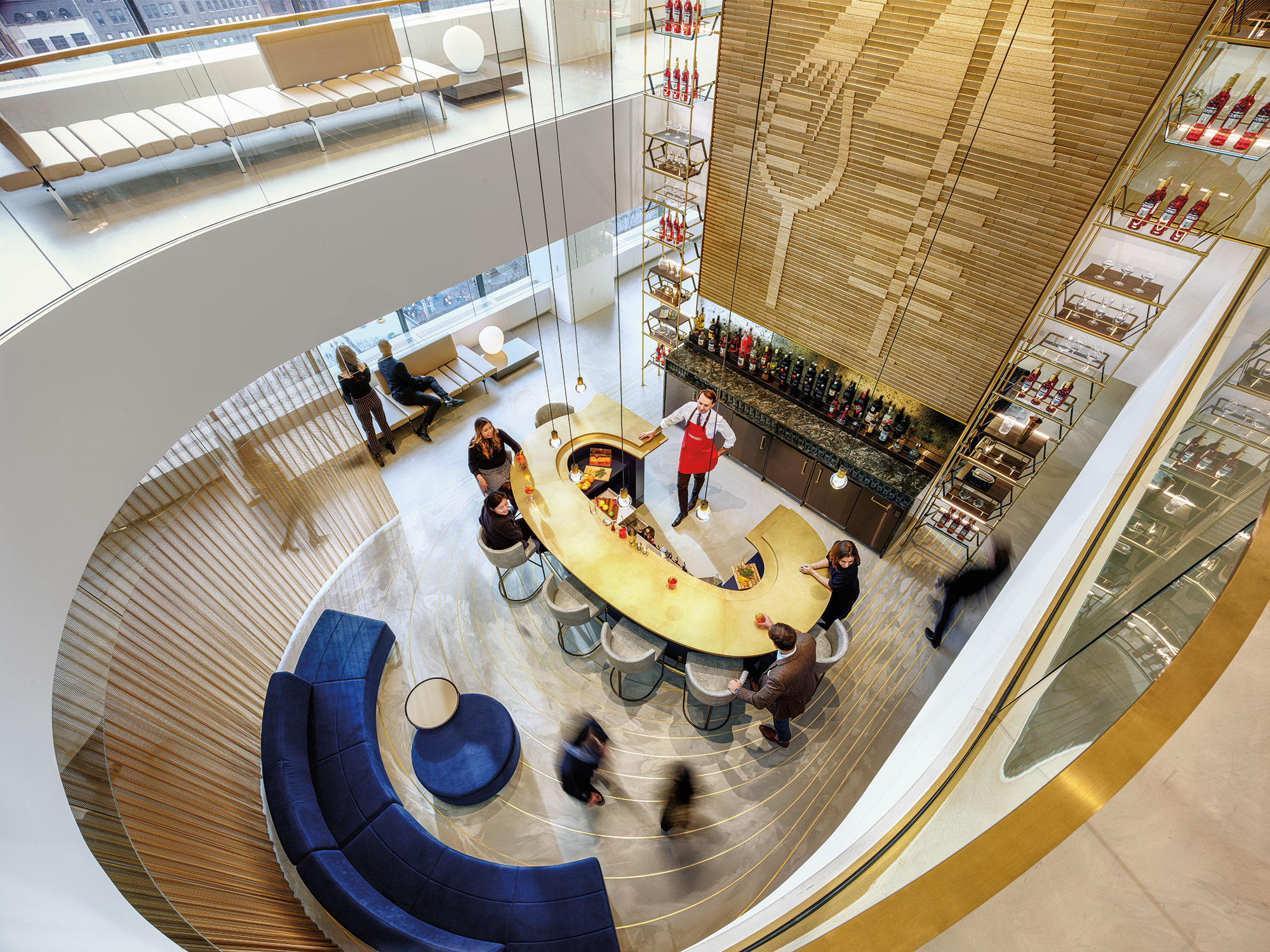 A high angle view of people in a building.