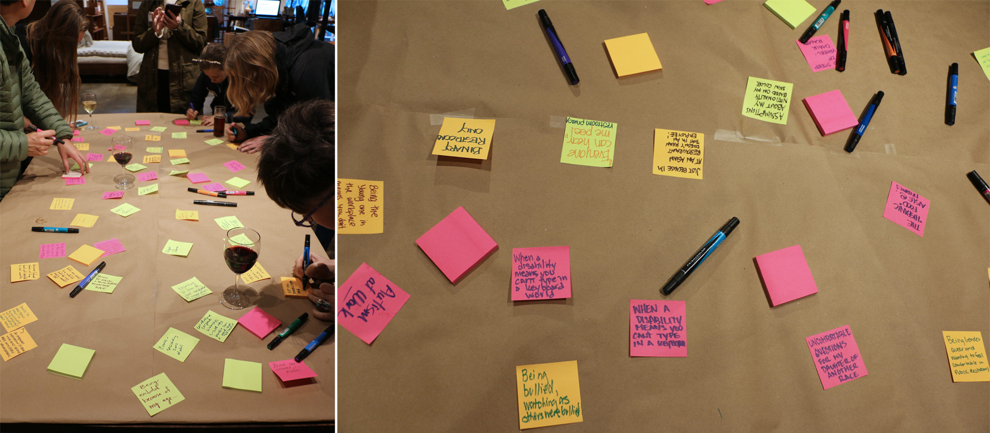 Event attendees writing barriers to inclusion on colorful stickie notes.