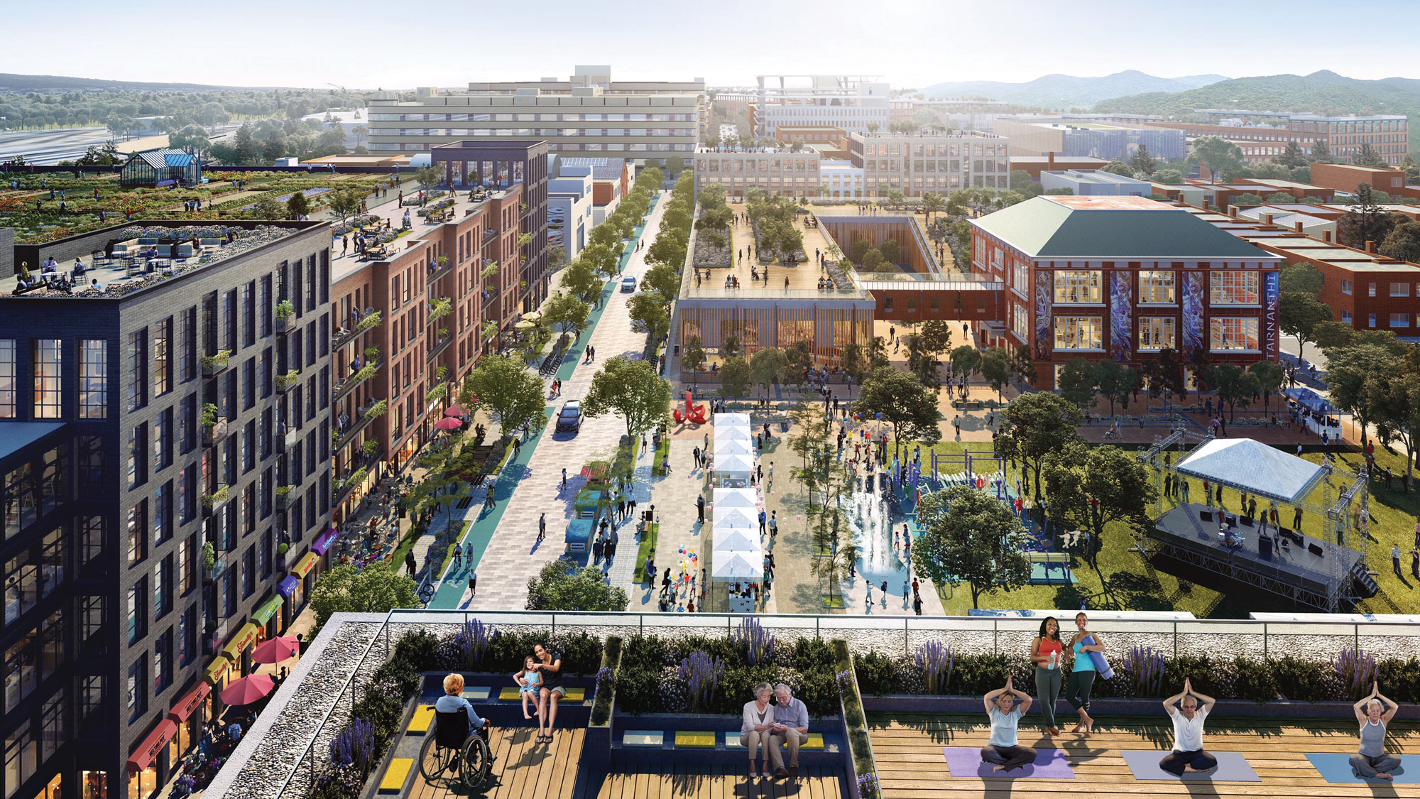 A concept rendering of a mixed-use district in Washington DC, showing a variety of indoor and outdoor spaces and multi-generational users.