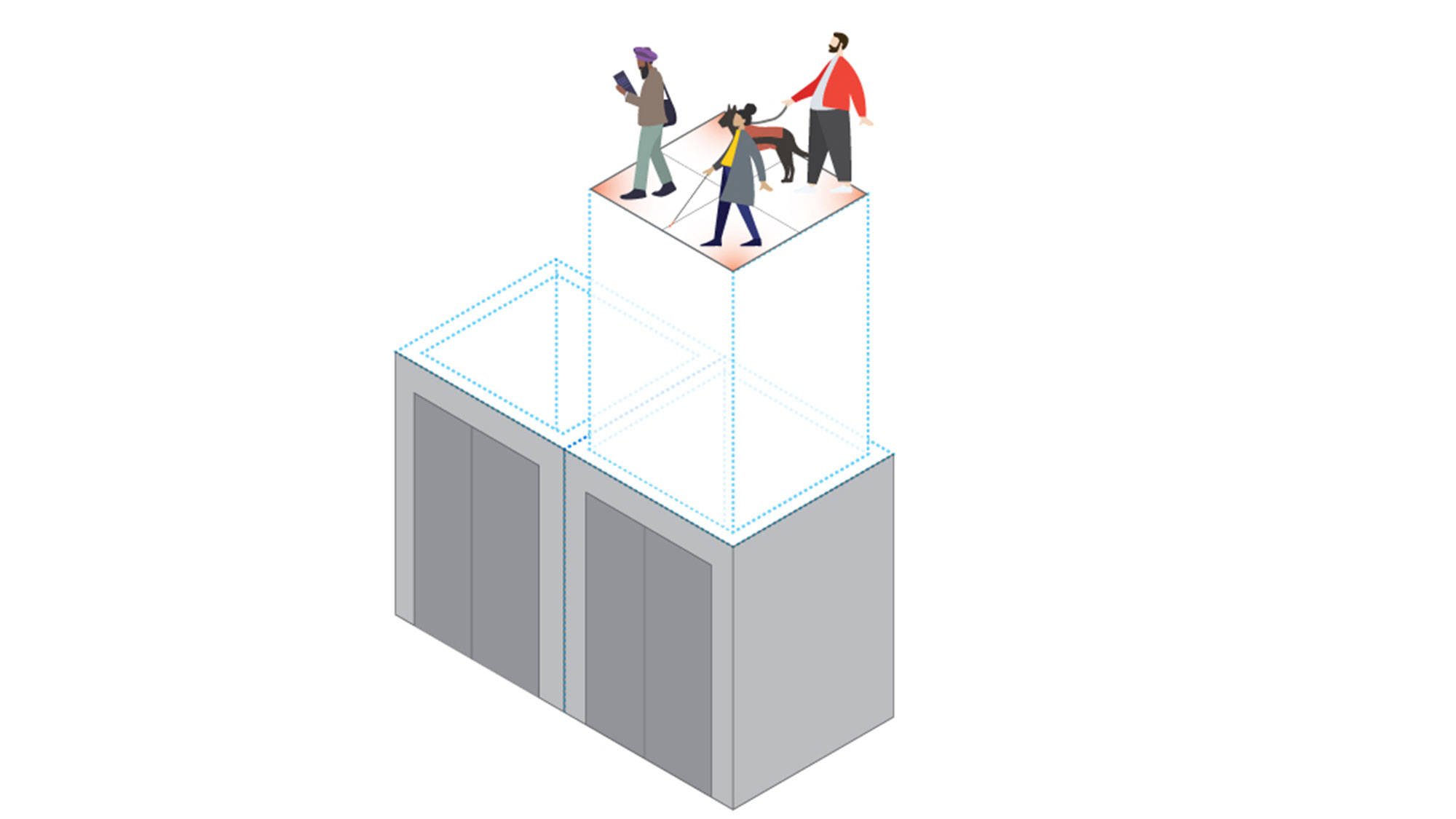 A graphic illustration showing two elevators showing people physically distanced within the elevator.