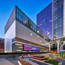 A building with a large glass front.