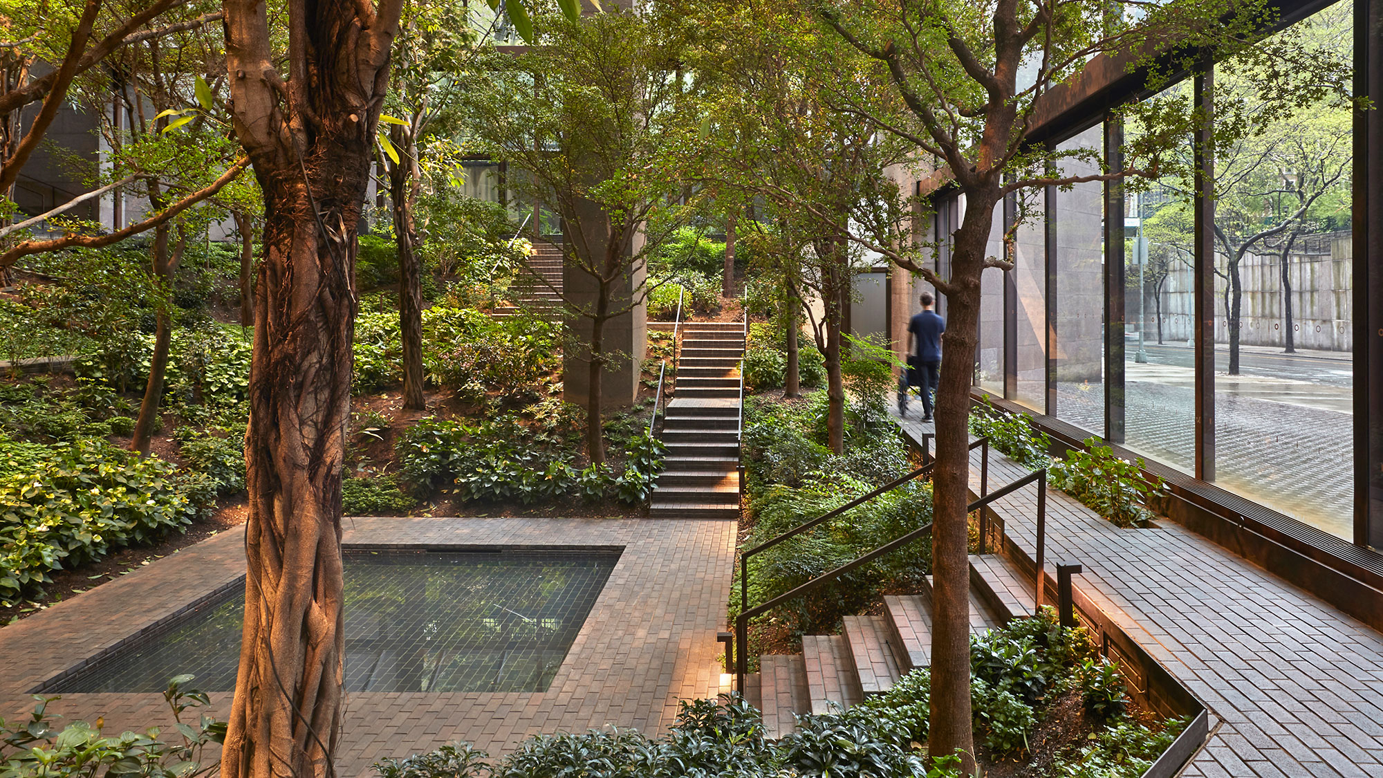 The landscaped outdoor area at the Ford Foundation Center for Social Justice.