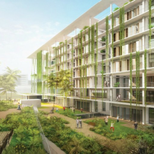 A building with trees and grass.