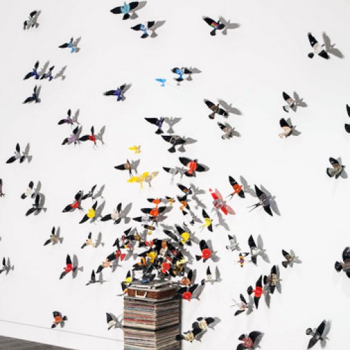 A group of people flying in the sky.