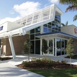 A building with glass windows.