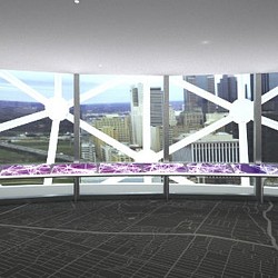 A view of a city from a window.