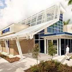 A building with a white roof.