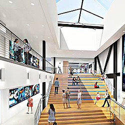 People walking up the stairs.