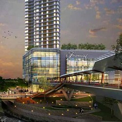 A large building with a glass front.