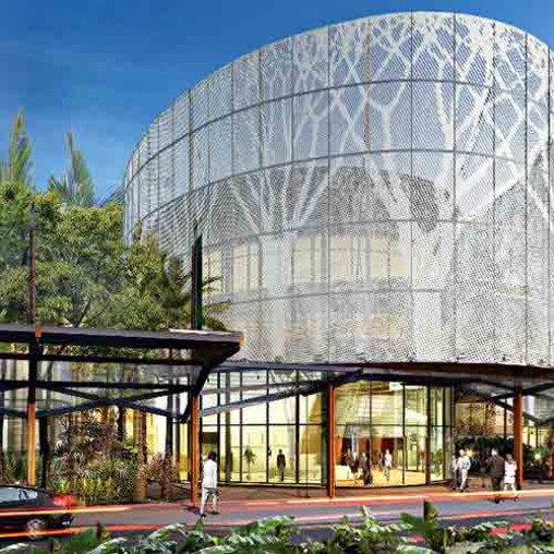 A large glass building.