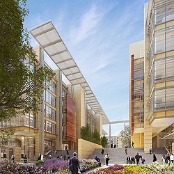 A group of people walking around a building.