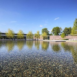 A body of water with buildings and trees around it.