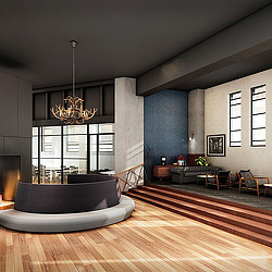 A living room with a chandelier and a couch.