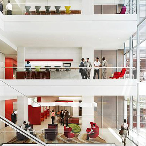 Several people in a building.
