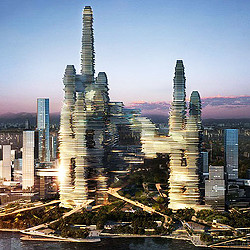 A city with tall buildings.