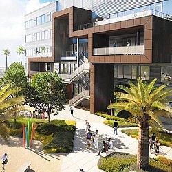 A building with people walking around.