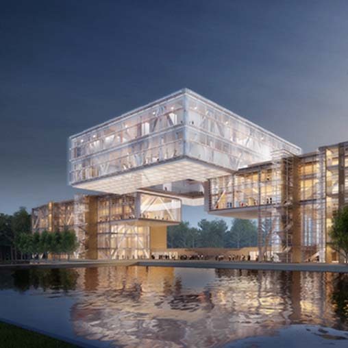 A building with a bridge over water.