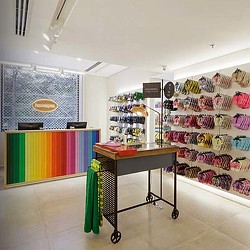 A store with a table and shelves.