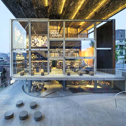A building with glass windows.