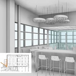 A room with a table and chairs.